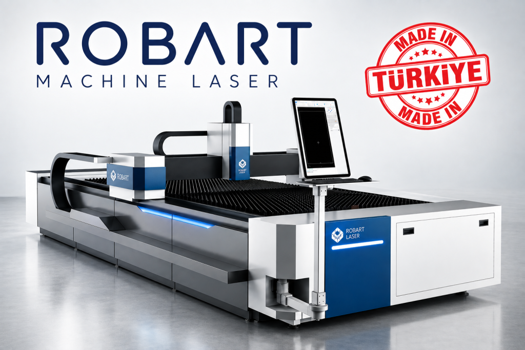 Mavi beyaz Robart açık kasa fiber lazer ve kontrol ekranı