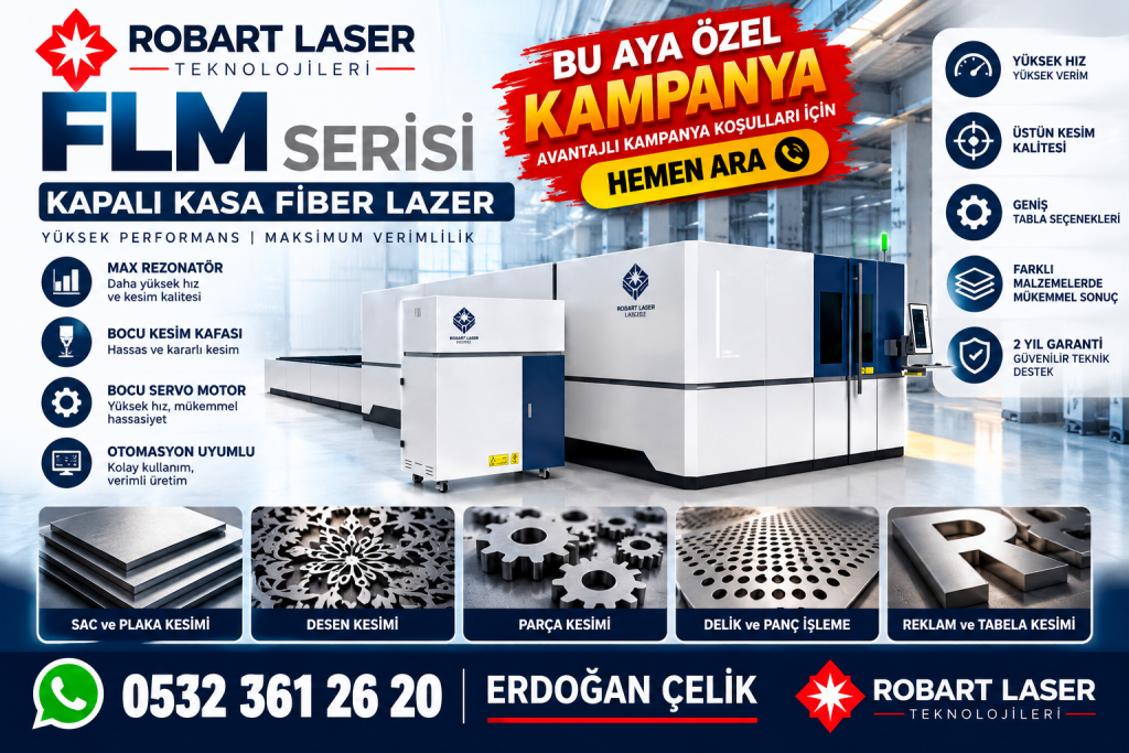 Kapalı kabinli Robart FLM fiber lazer kesim makinesi afişi